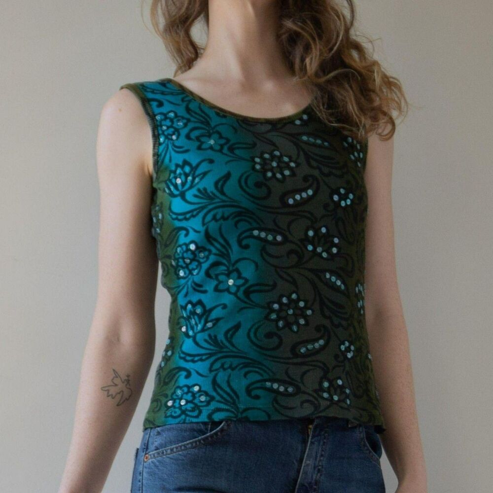 White Stag Y2K Sparkle Blue Green Ombre Ribbed Women's Tank Top